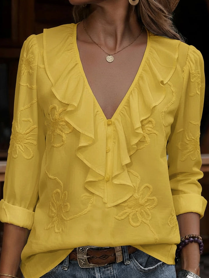 Vintage blouse met ruches, V-hals en geborduurde bloemen