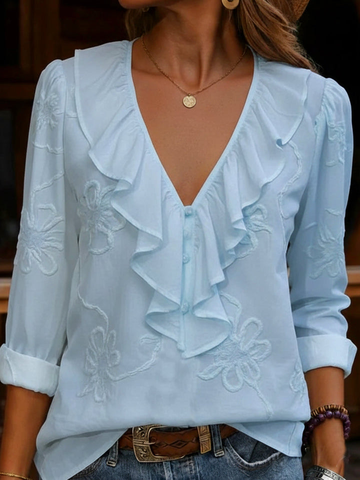 Vintage blouse met ruches, V-hals en geborduurde bloemen