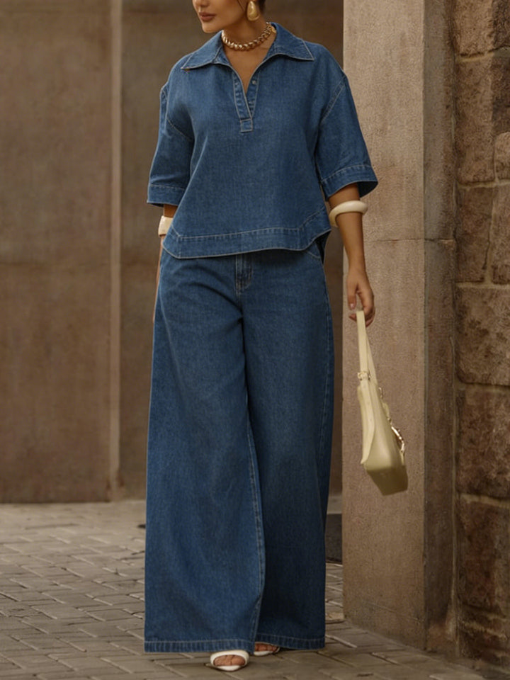 Dames Casual Denim-top van 100% katoen en broek met wijde pijpen - Tweedelige set