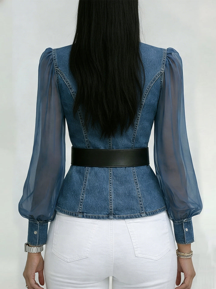 Elegante, slim-fit denim-top met organza-mouwen