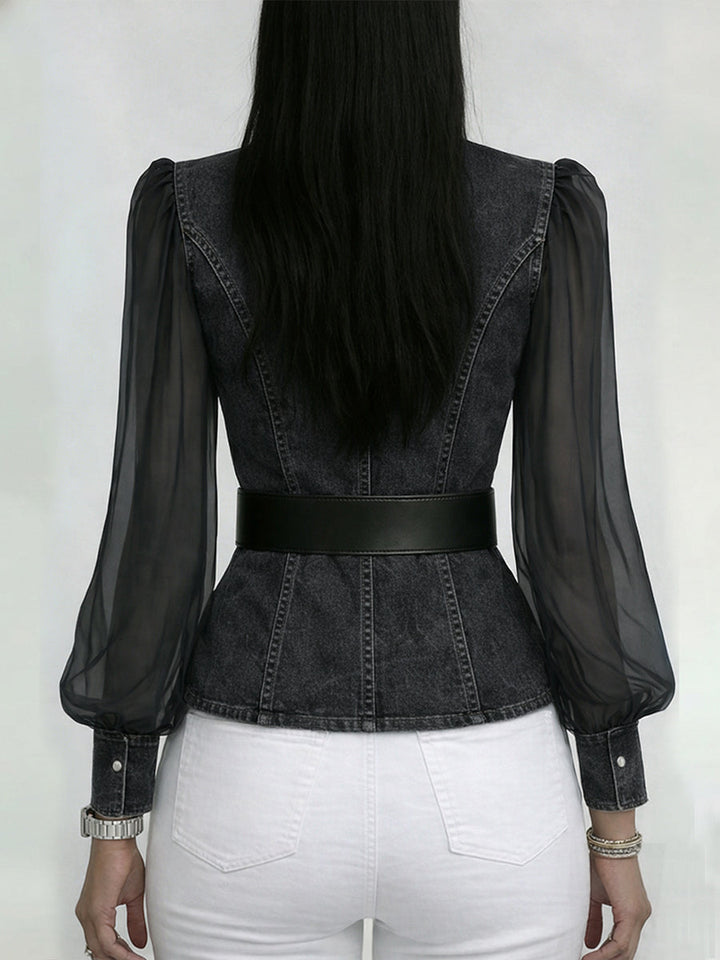 Elegante, slim-fit denim-top met organza-mouwen