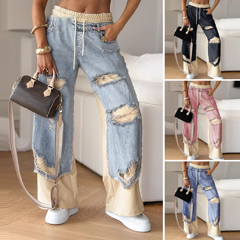 Patchwork Spijkerstof Elastische Trekkoord Wijde Pantalon