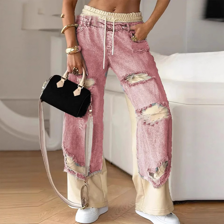 Patchwork Spijkerstof Elastische Trekkoord Wijde Pantalon